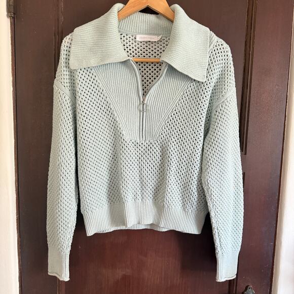 JONATHAN SIMKHAI Blue Ariella Plaited Polo Quarter Zip Sweater Tide White Medium - Picture 2 of 7